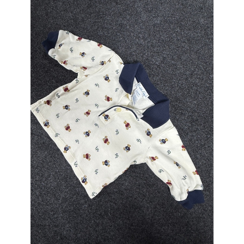 Ralph Lauren Polo Shirt Baby Boys 3-6M Cream Navy Blue Polo Bear Long Sleeve
